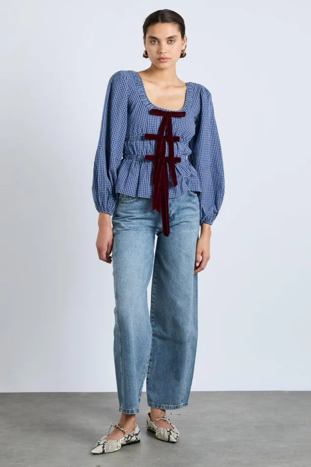 Women Tops Damson Madder Dakota Blouse 8211 Blue Check