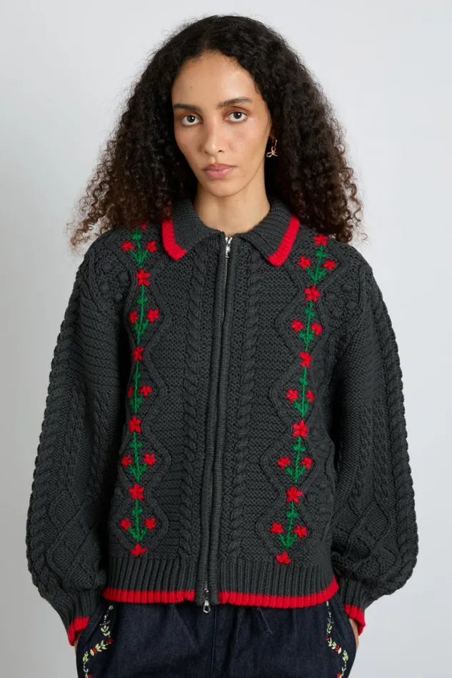 Women Tops Damson Madder Grandpa Cardigan 8211 Charcoal Cable