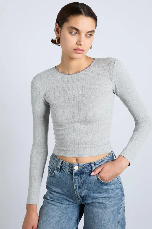 Women Tops Damson Madder Lua Long Sleeve Pointelle Top 8211 Grey Marl