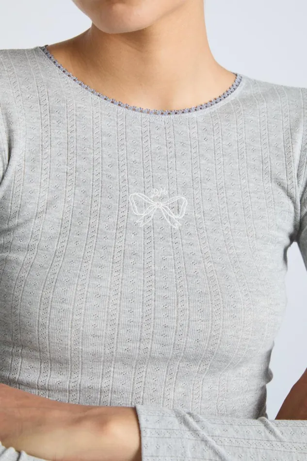 Women Tops Damson Madder Lua Long Sleeve Pointelle Top 8211 Grey Marl