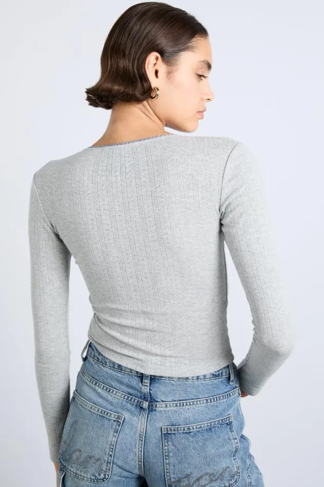 Women Tops Damson Madder Lua Long Sleeve Pointelle Top 8211 Grey Marl