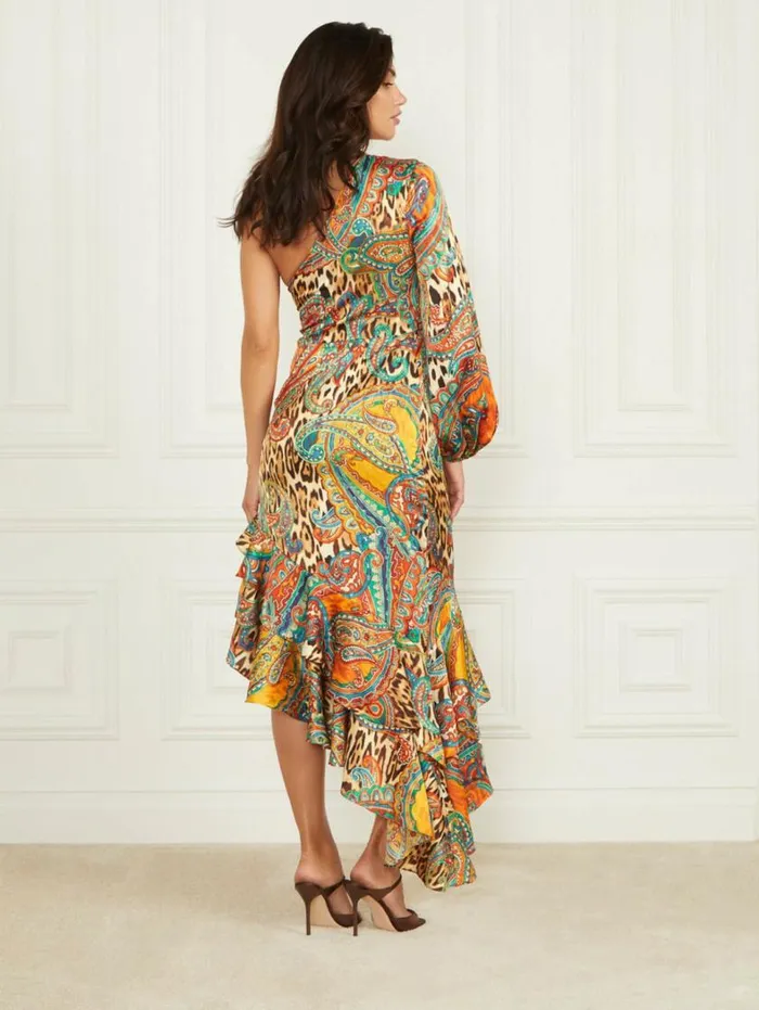 Women Tricia Ruffle Dress Phoenix Rising Print Marciano Dresses Women Tricia Ruffle Dress Phoenix Rising Print Marciano Dresses