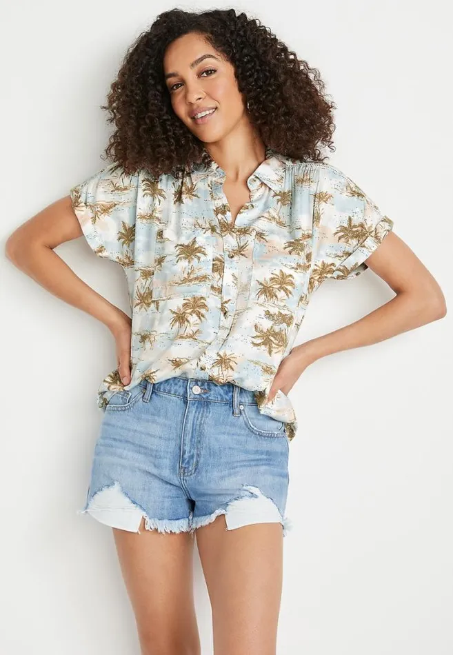 Women Tropical Short Sleeve Utility Button Down Shirt Maurices Tops