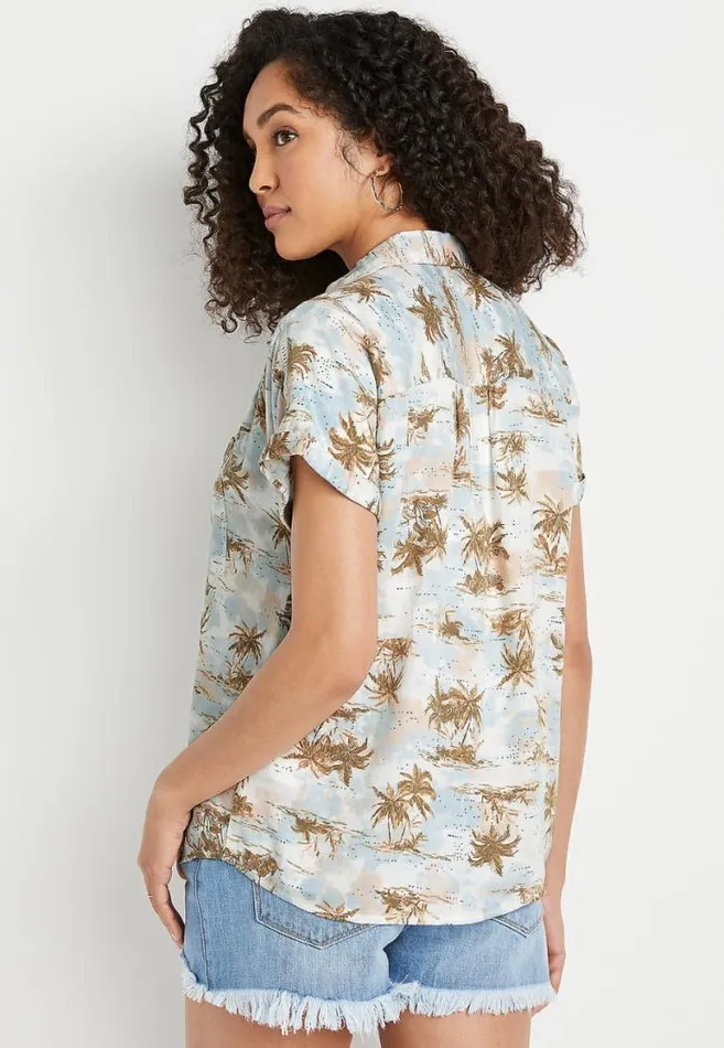 Women Tropical Short Sleeve Utility Button Down Shirt Maurices Tops