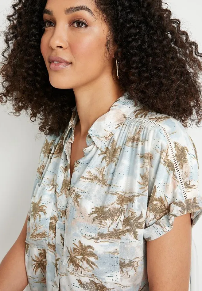 Women Tropical Short Sleeve Utility Button Down Shirt Maurices Tops
