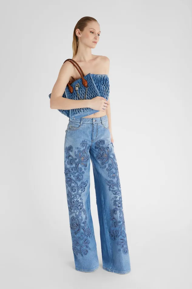 Women Trousers Ermanno Scervino Palazzo Denim Jeans With Application Lace 8211 Ermanno Scervino Blue Denim
