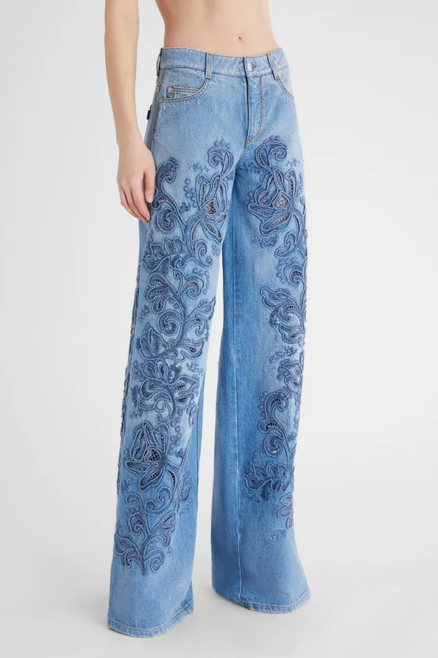 Women Trousers Ermanno Scervino Palazzo Denim Jeans With Application Lace 8211 Ermanno Scervino Blue Denim