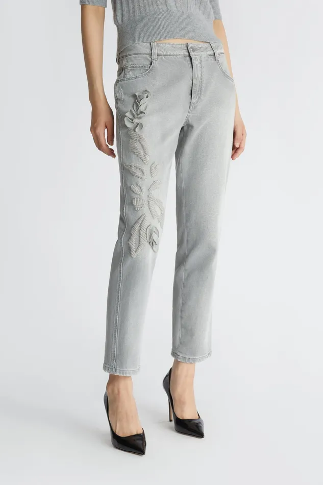 Women Trousers Ermanno Scervino Straightcut Denim Trousers With Handembroidery Grey