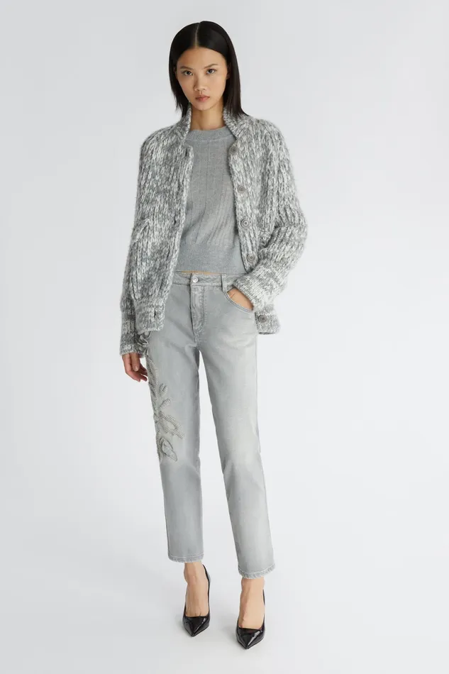 Women Trousers Ermanno Scervino Straightcut Denim Trousers With Handembroidery Grey