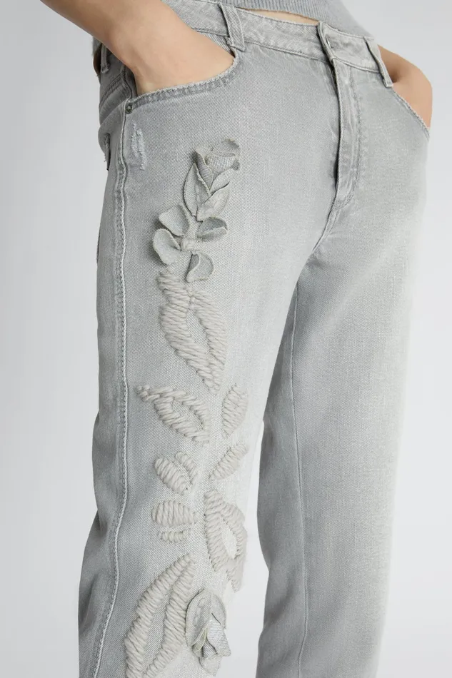 Women Trousers Ermanno Scervino Straightcut Denim Trousers With Handembroidery Grey