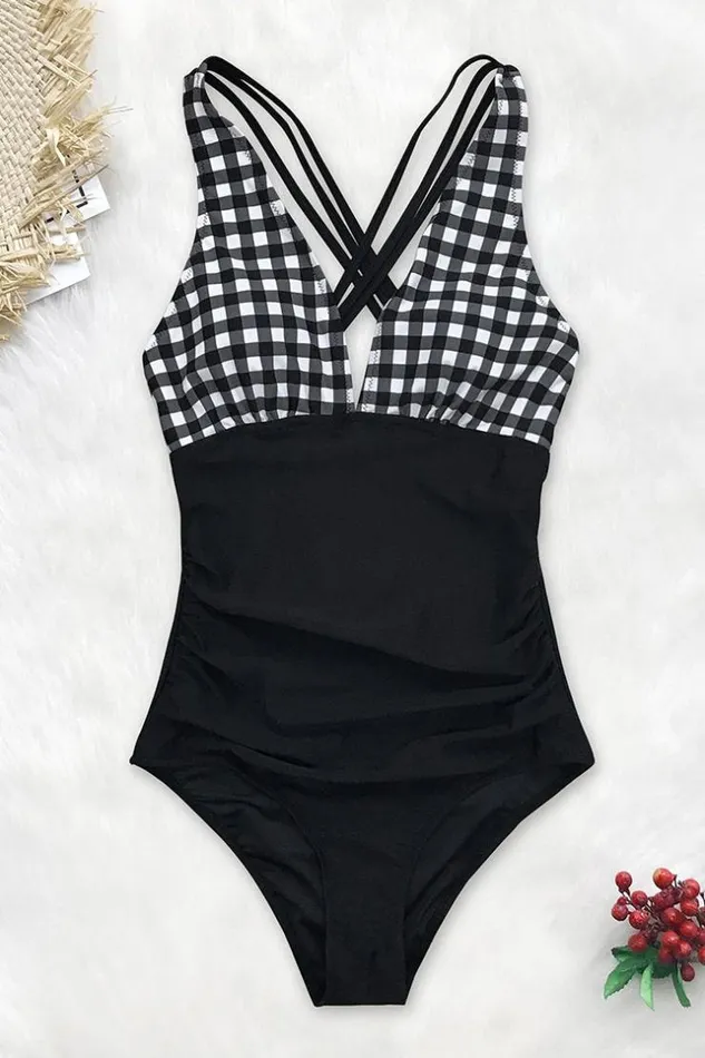 Women Tummy Control Swimsuits Cupshe Black And White Gingham Ruched One Piece Swimsuit Blackwhite