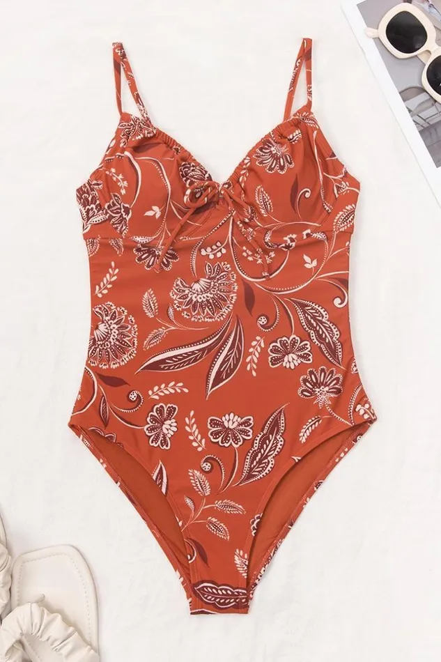 Women Tummy Control Swimsuits Cupshe Boho Impression Underwire Tie Front One Piece Swimsuit Orange