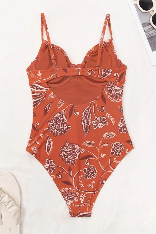 Women Tummy Control Swimsuits Cupshe Boho Impression Underwire Tie Front One Piece Swimsuit Orange