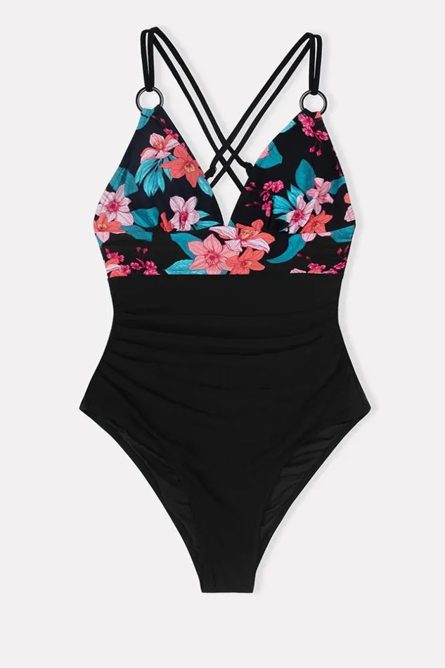 Women Tummy Control Swimsuits Cupshe Maya Floral Oring Criss Cross One Piece Swimsuit Black