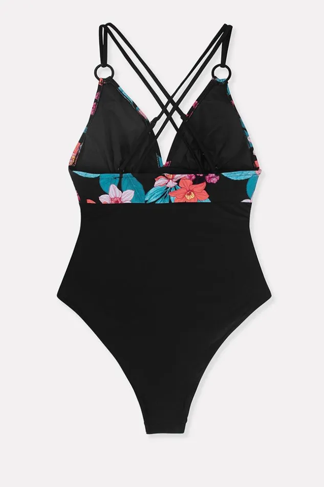 Women Tummy Control Swimsuits Cupshe Maya Floral Oring Criss Cross One Piece Swimsuit Black