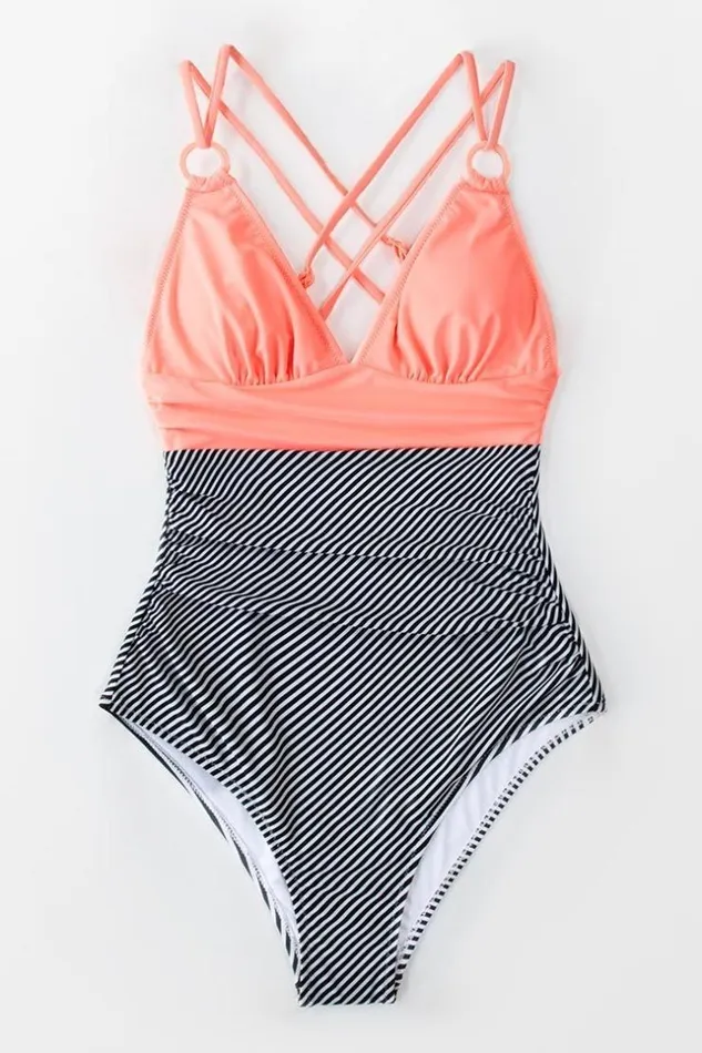 Women Tummy Control Swimsuits Cupshe Peachy And Striped One Piece Swimsuit Multicolor