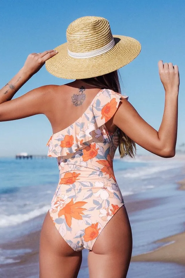 Women Tummy Control Swimsuits Cupshe Romantic Flower Ruffled One Shoulder One Piece Swimsuit Multicolor
