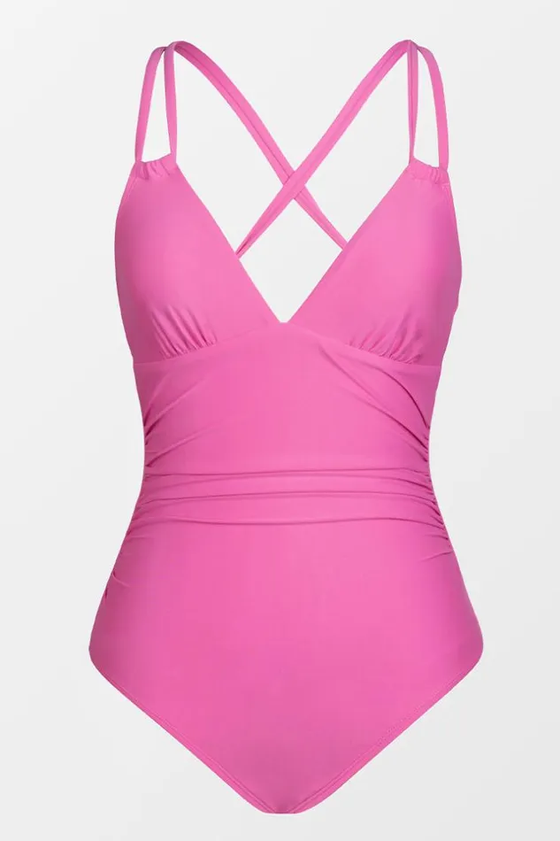 Women Tummy Control Swimsuits Cupshe Seaside Holiday Double Straps Side Shirred One Piece Swimsuit Pink