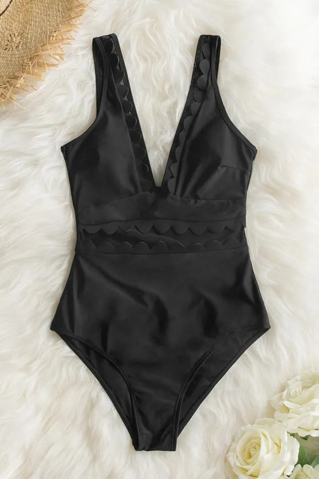 Women Tummy Control Swimsuits Cupshe Solid Black VNeck One Piece Swimsuit Black