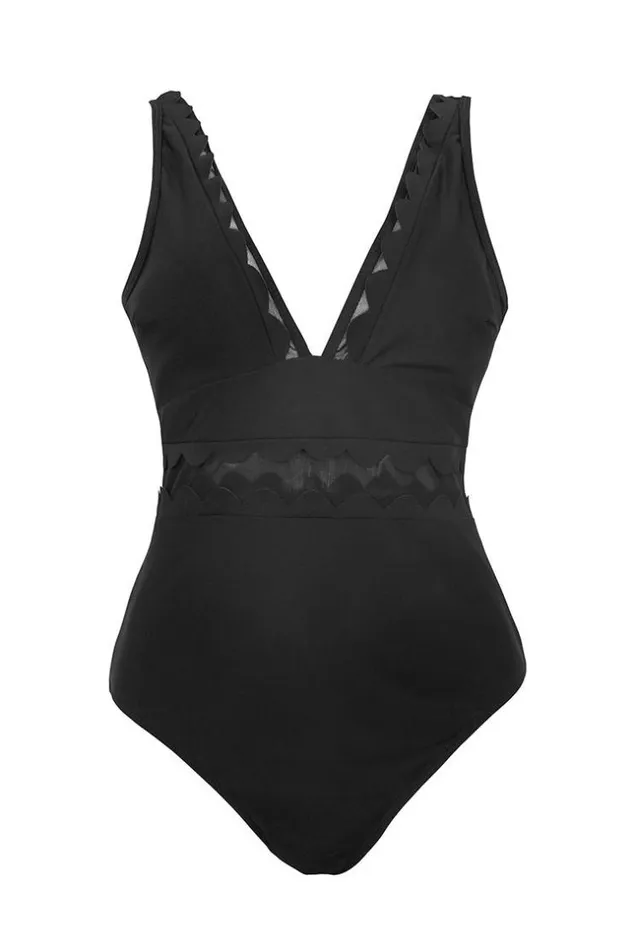 Women Tummy Control Swimsuits Cupshe Solid Black VNeck One Piece Swimsuit Black