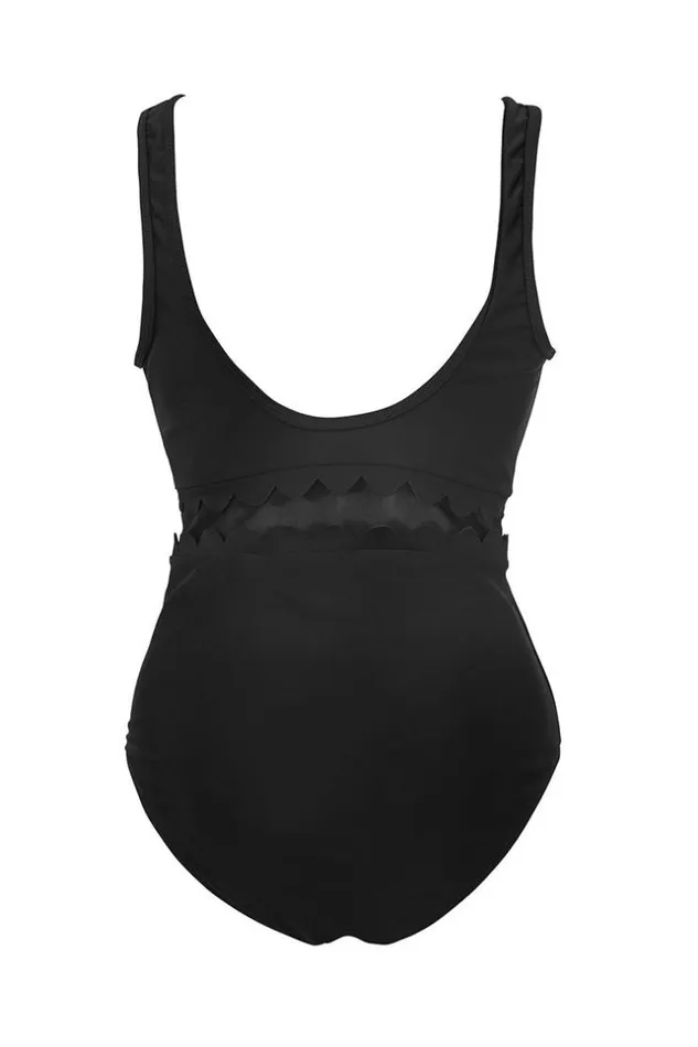 Women Tummy Control Swimsuits Cupshe Solid Black VNeck One Piece Swimsuit Black