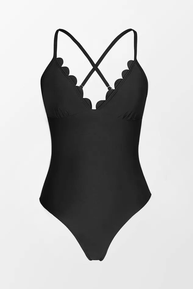 Women Tummy Control Swimsuits Cupshe Summer Of Love Scalloped Missy One Piece Black