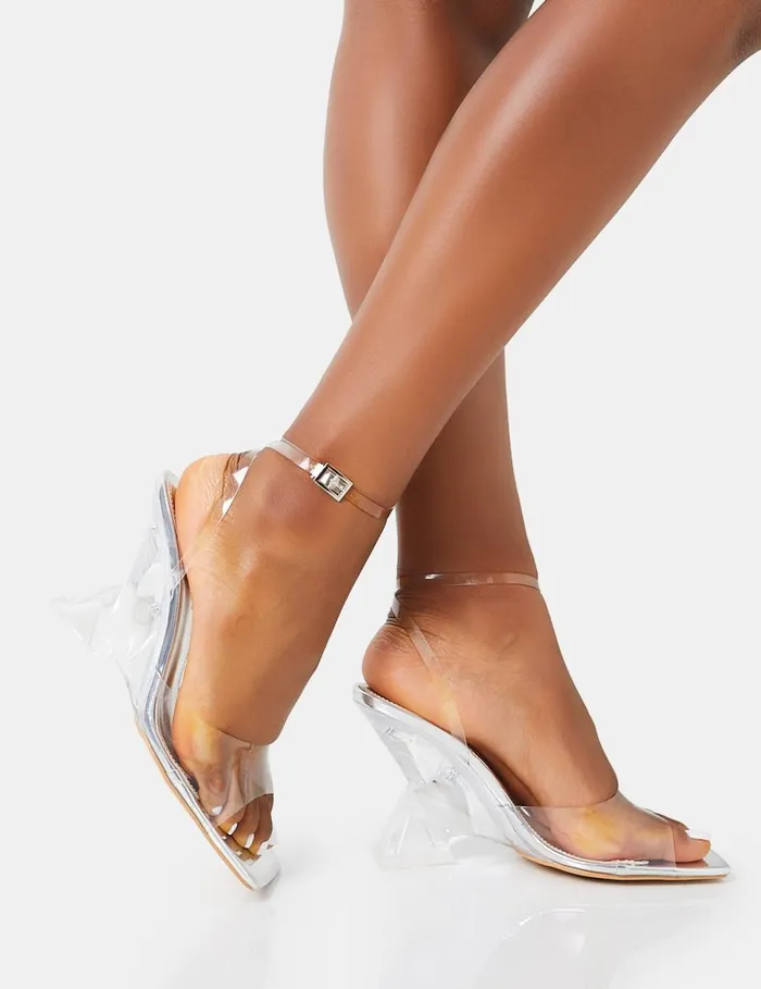 Women Twin Flame Silver Mirror Clear Perspex Wrap Around Barely There Inverted Wedged Square Toe High Heels Silver Public Desire Party