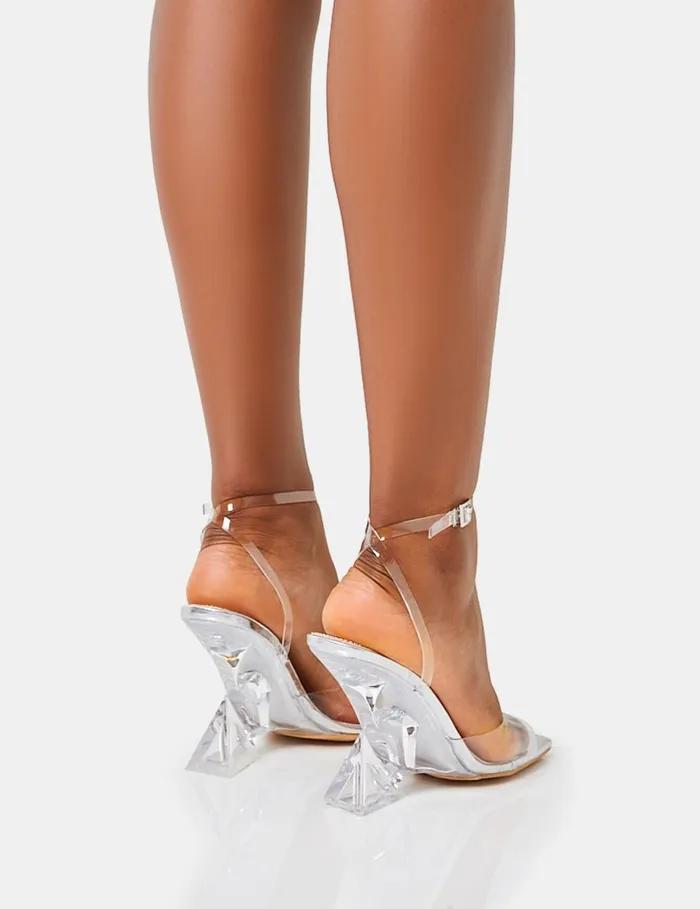 Women Twin Flame Silver Mirror Clear Perspex Wrap Around Barely There Inverted Wedged Square Toe High Heels Silver Public Desire Party