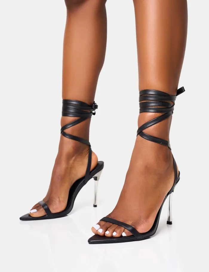Women Ultimate Black Lace Up Diamante Encrusted Pointed Toe Stiletto Heels Black Public Desire Party