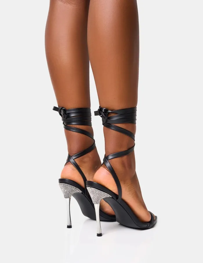 Women Ultimate Black Lace Up Diamante Encrusted Pointed Toe Stiletto Heels Black Public Desire Party