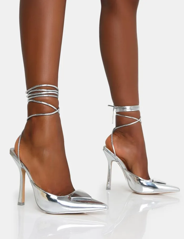 Women Vada Silver Mirror Slingback Lace Up Pointed Toe Stiletto Heels Silver Public Desire Party Women Vada Silver Mirror Slingback Lace Up Pointed Toe Stiletto Heels Silver Public Desire Party
