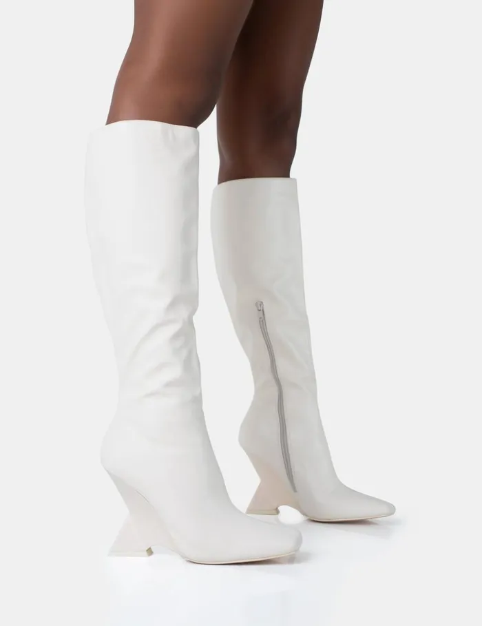 Women Vanessa Ecru PU Inverted Wedge Square Toe Heeled Knee High Boots White Public Desire Long Boots Women Vanessa Ecru PU Inverted Wedge Square Toe Heeled Knee High Boots White Public Desire Long Boots