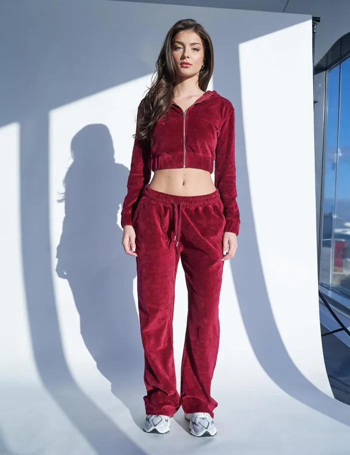 Women Velour Flared Trousers Cherry Red Red Public Desire Two Piece Sets