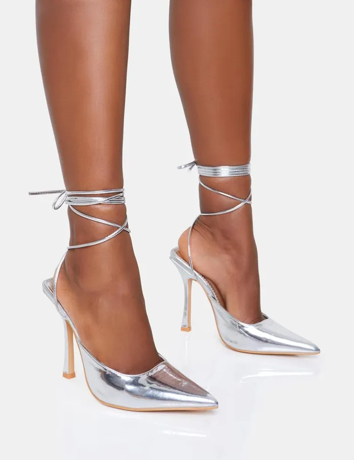 Women Verity Wide Fit Slingback Stiletto Heels Silver Public Desire Party