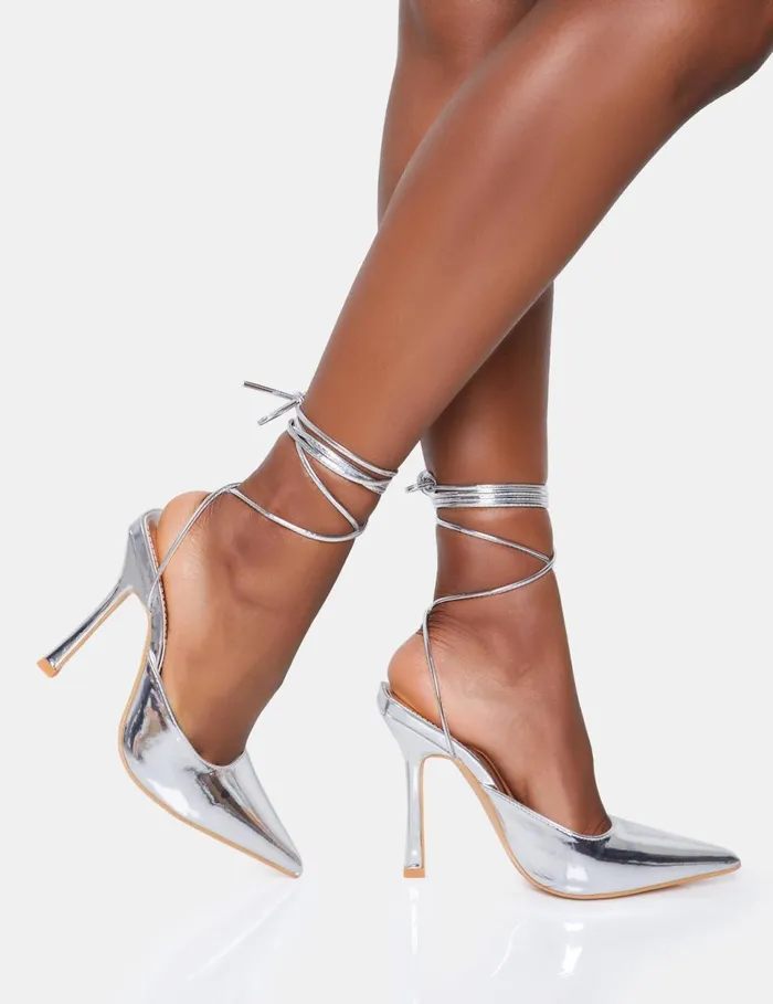 Women Verity Wide Fit Slingback Stiletto Heels Silver Public Desire Party