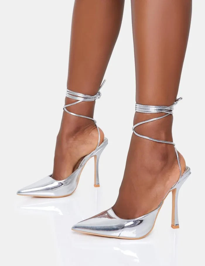 Women Verity Wide Fit Slingback Stiletto Heels Silver Public Desire Party