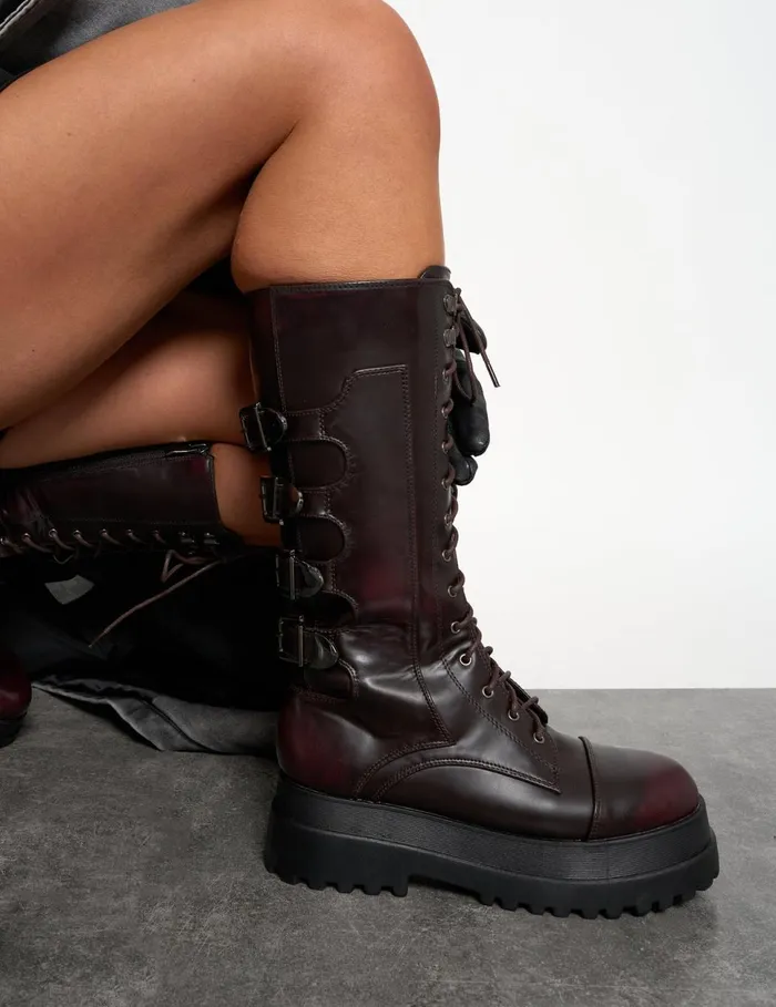 Women Vex Burgundy Multi Buckle Detail Lace Up Knee High Boots Burgundy Public Desire Knee High Boots