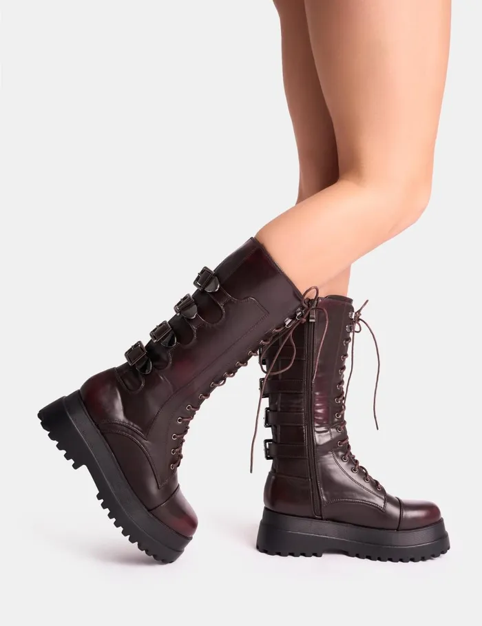 Women Vex Burgundy Multi Buckle Detail Lace Up Knee High Boots Burgundy Public Desire Knee High Boots