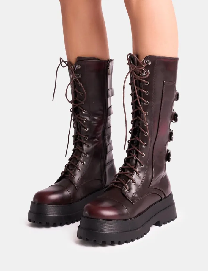 Women Vex Burgundy Multi Buckle Detail Lace Up Knee High Boots Burgundy Public Desire Knee High Boots