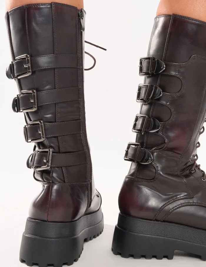 Women Vex Burgundy Multi Buckle Detail Lace Up Knee High Boots Burgundy Public Desire Knee High Boots