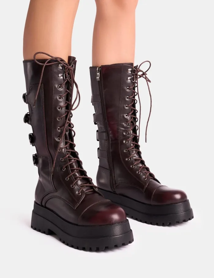 Women Vex Burgundy Multi Buckle Detail Lace Up Knee High Boots Burgundy Public Desire Knee High Boots