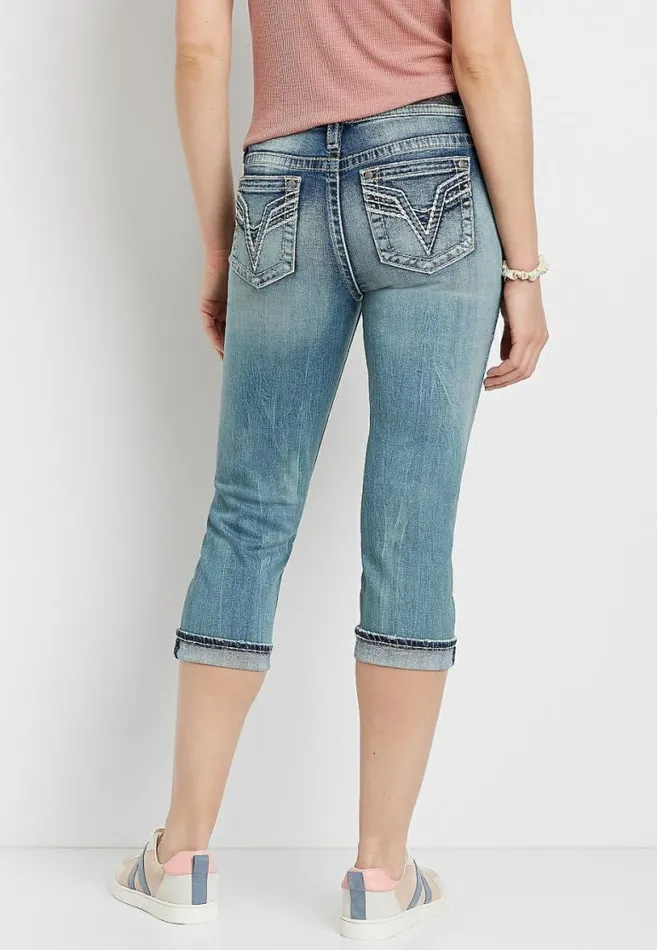 Women Vigoss Medium Wash Stiched Pocket Capri Maurices Bottoms