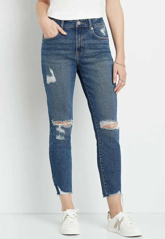 Women Vintage High Rise Dark Destructed Mom Jean Maurices Jeans