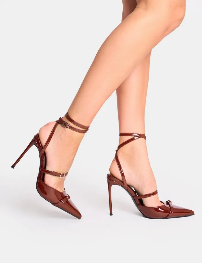 Women Viper Chocolate Three Strap Buckle Detail Court Heels Chocolate Public Desire Court Heels