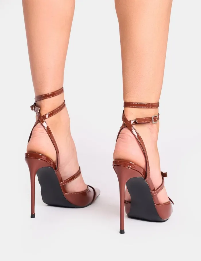 Women Viper Chocolate Three Strap Buckle Detail Court Heels Chocolate Public Desire Court Heels