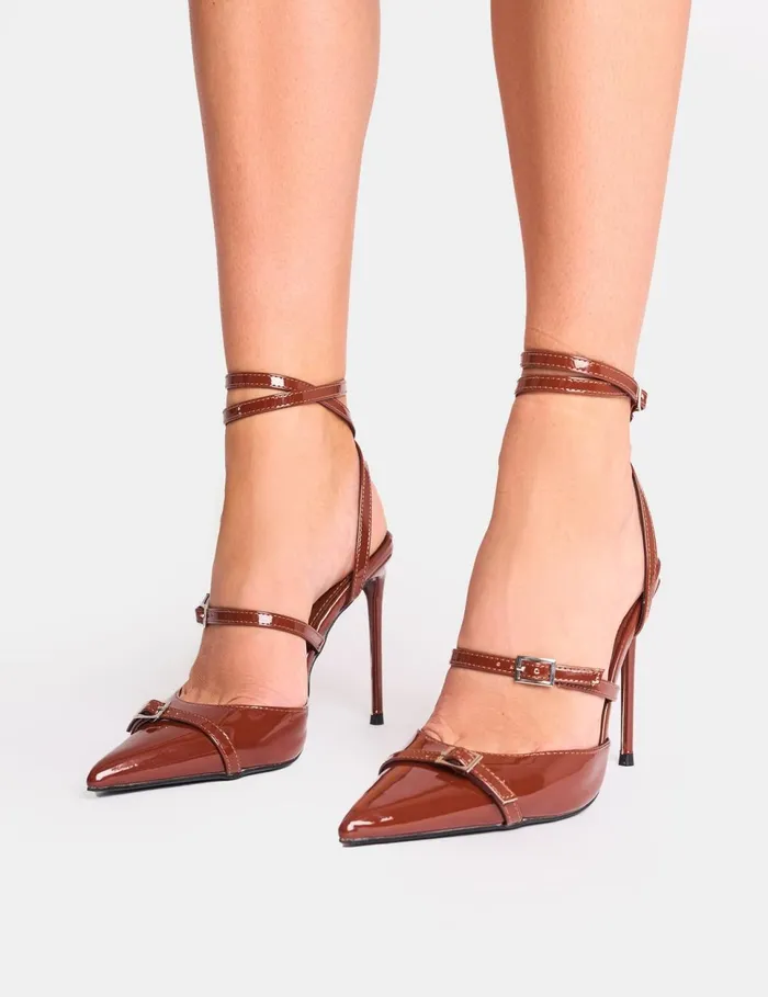 Women Viper Chocolate Three Strap Buckle Detail Court Heels Chocolate Public Desire Court Heels
