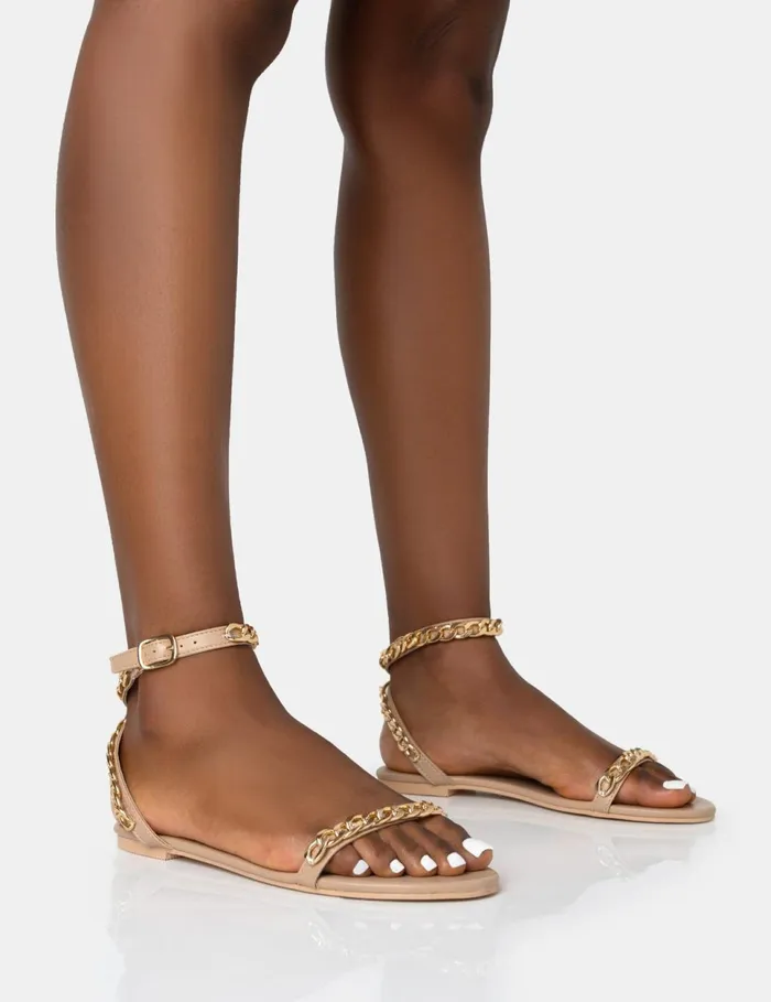 Women Whisper Nude PU Chain Strap Flat Round Toe Sandals Neutral Public Desire Holiday Women Whisper Nude PU Chain Strap Flat Round Toe Sandals Neutral Public Desire Holiday