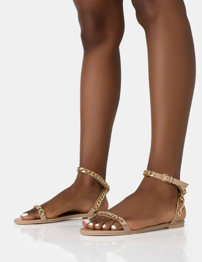 Women Whisper Nude PU Chain Strap Flat Round Toe Sandals Neutral Public Desire Holiday