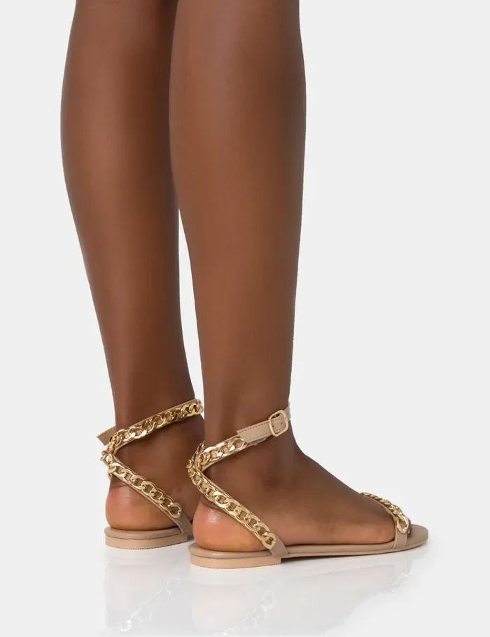Women Whisper Nude PU Chain Strap Flat Round Toe Sandals Neutral Public Desire Holiday