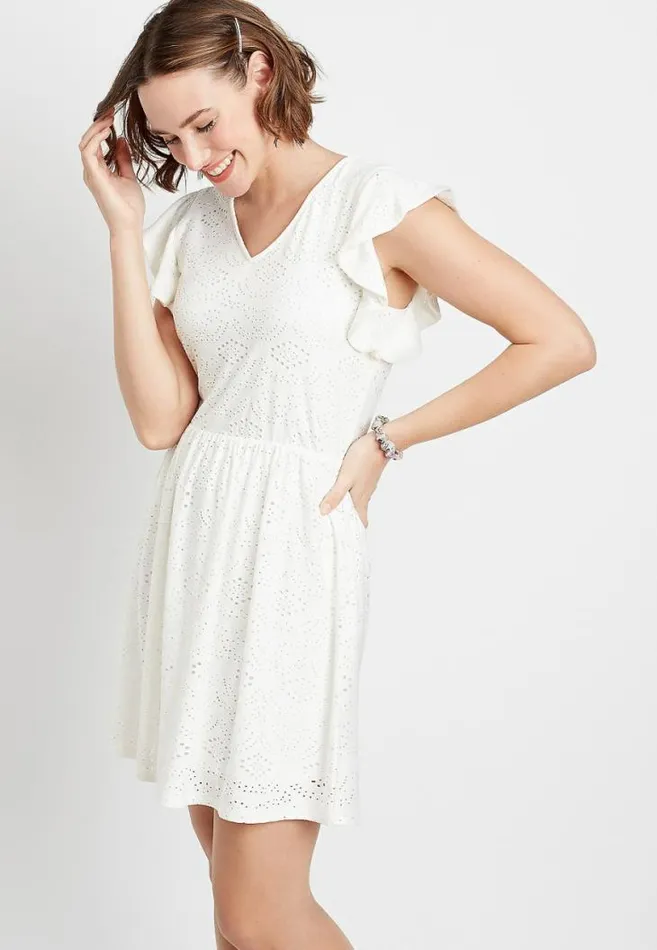 Women White Eyelet Lace Flutter Sleeve Mini Dress Maurices Dresses and Jumpsuits Women White Eyelet Lace Flutter Sleeve Mini Dress Maurices Dresses and Jumpsuits